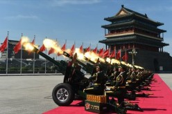 A gun salute is held during the commemoration activities to mark the 70th anniversary of the victory of the Chinese People's War of Resistance Against Japanese Aggression and the World Anti-Fascist War, in Beijing, capital of China, Sept. 3, 2015.