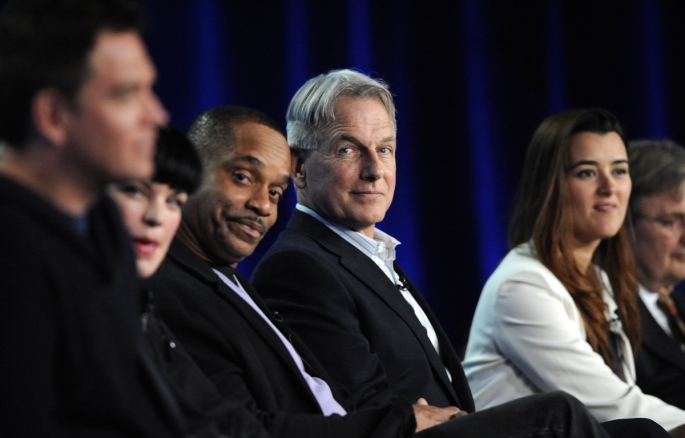 Cast members (L-R) Michael Weatherly, Pauley Perrette, Rocky Carroll, Mark Harmon, Cote de Pablo and David McCallum participate in a panel for CBS series NCIS during the CBS sessions at the Television Critics Association winter press tour in Pasadena, Cal