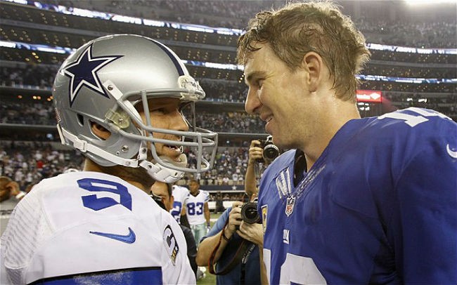 Cowboys' quarterback Tony Romo (L) and his Giant counterpart Eli Manning during an NFL season-opening game.