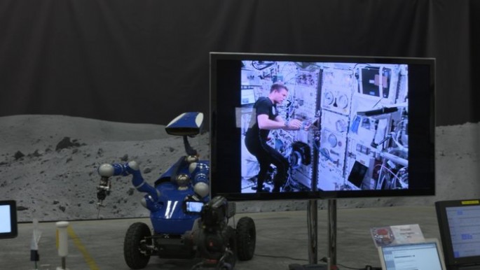 The Interact Rover at ESA’s ESTEC technical centre, under the remote control of ESA astronaut Andreas Mogensen up on the International Space Station, during an afternoon of experiments on 7 September 2015.