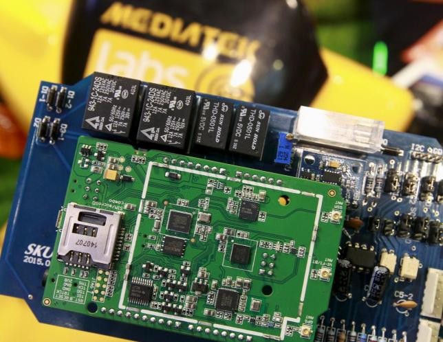 Microchips are seen on a development board at the MediaTek booth during the 2015 Computex exhibition in Taipei, Taiwan, June 3, 2015.
