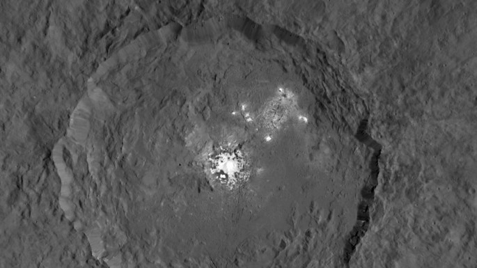 This image, made using images taken by NASA's Dawn spacecraft, shows Occator crater on Ceres, home to a collection of intriguing bright spots. 