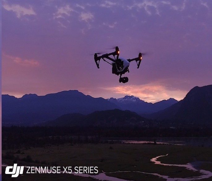 A photo of the DJI quadcopter equipped with the Zenmuse X5 camera.