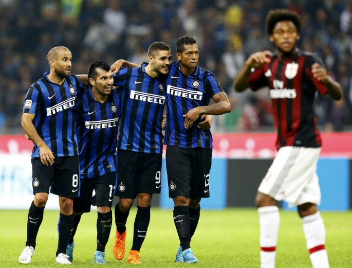 Inter Milan players celebrate as they defeat AC Milan, 1-0, in a recent derby.