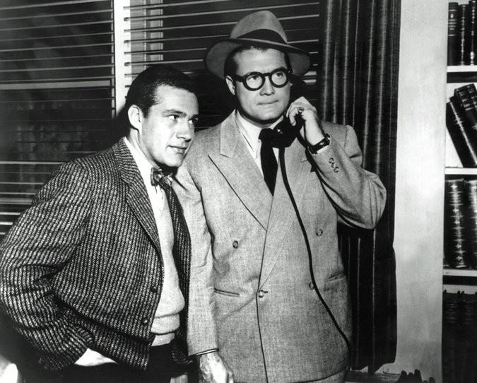 Jack Larson, left, is seen here with George Reeves in the 1950s TV show "Adventures of Superman." 
