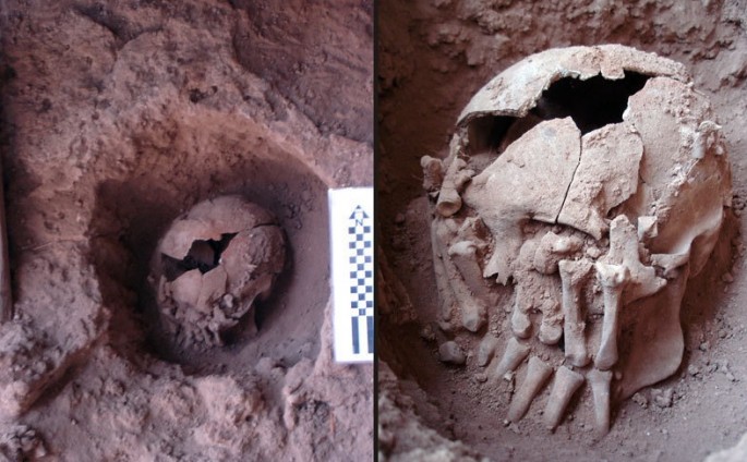 Remains of a ceremonial burial: The images show the shape of the burial pit (left) and the arrangement of the hands over the skull (right)