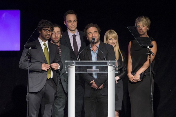 "The Big Bang Theory" stars Kunal Nayyar, Simon Helberg, Jim Parsons, Johnny Galecki, Melissa Rauch and Kaley Cuoco are on stage during the 23rd annual A Night at Sardi's. 