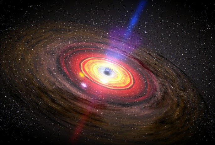 A still frame from a movie, illustrating an active galactic nucleus, with jets of material flowing from out from a central black hole. 
