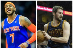 New York Knicks' Carmelo Anthony (L) and Cleveland Cavaliers' Kevin Love.