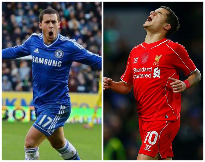Chelsea's Eden Hazard (L) and Liverpool's Philippe Coutinho.