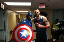 Paul Pierce (in Captain America costume) and Marcin Gortat