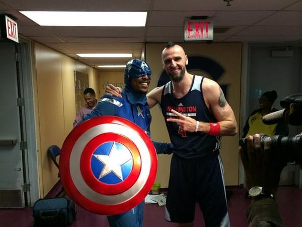 Paul Pierce (in Captain America costume) and Marcin Gortat
