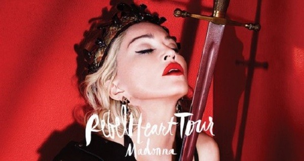 A sword appears to be piercing Madonna in a promotional poster for her 10th worldwide concert tour.
