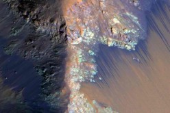 Water on Mars exists today almost exclusively as ice, though it also exists in small quantities as vapour in the atmosphere and occasionally as low volume liquid brines in shallow Martian soils.