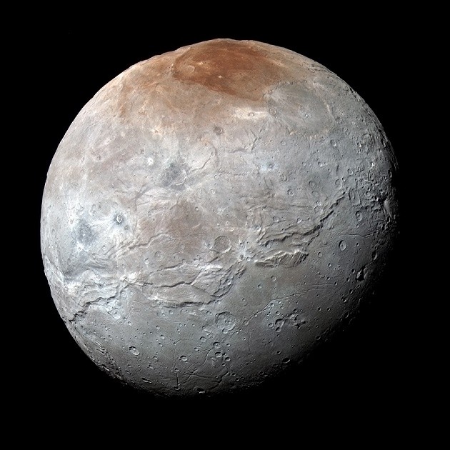 NASA's New Horizons captured this high-resolution enhanced color view of Charon just before closest approach on July 14, 2015. The colors are processed to best highlight the variation of Charon's surface properties.
