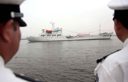 A Chinese ship departs from Guangzhou to sail to the Nansha Islands in 2013.