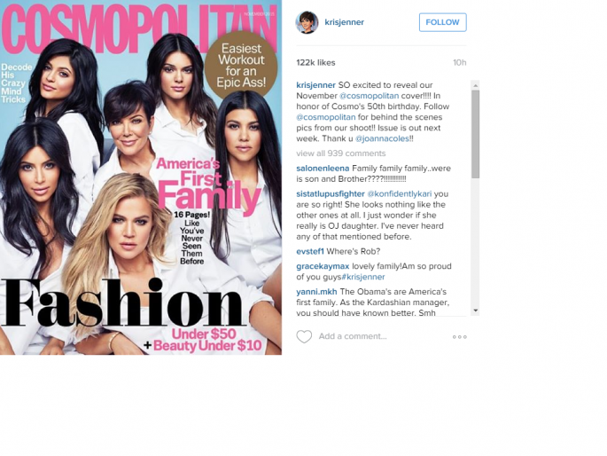 The Kardashians And Jenners Pose Together In First Front Cover Family Shoot For Four Years On Cosmopolitan's 50th Birthday