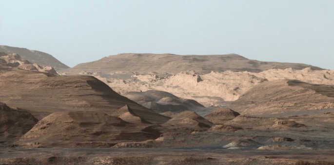 This composite image looking toward the higher regions of Mount Sharp was taken on September 9, 2015, by NASA's Curiosity rover.