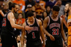 Chicago Bulls' Joakim Noah, Derrick Rose, and Jimmy Butler.