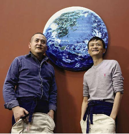 Zeng Fanzhi and Jack Ma pose with their oil painting entitled "Paradise."