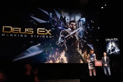 Executive Narrative Director at Eidos Montreal, Mary DeMarle introduces 'Deus Ex Mankind Divided' during the Square Enix press conference at the JW Marriott in Los Angeles, California.