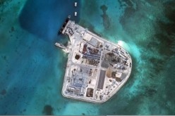 An aerial photo shows one of the lighthouses built by China on Johnson South Reef in the Spratly Islands.