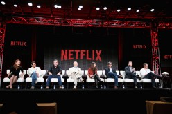 (L-R) Actors Cassidy Freeman, Lou Diamond Phillips, Robert Taylor, Gerald McRaney, executive producers Greer Shephard, Hunt Baldwin, John Coveny and actor Baily Chase speak onstage during the 'Longmire' panel discussion at the Netflix portion of the 2015 