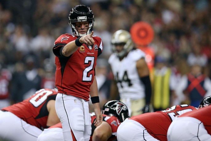Atlanta Falcons' Matt Ryan (#2) calls a play at the line during the first quarter of their game against the New Orleans Saints.