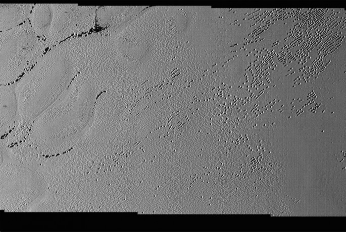 This image was taken by the Long Range Reconnaissance Imager (LORRI) on NASA's New Horizons spacecraft shortly before closest approach to Pluto on July 14, 2015; it resolves details as small as 270 yards (250 meters). 