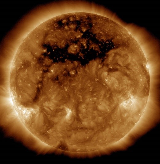 The high-speed solar wind originating from this coronal hole, imaged here on Oct. 10, 2015, by NASA's Solar Dynamics Observatory, created a geomagnetic storm near Earth that resulted in several nights of auroras. 