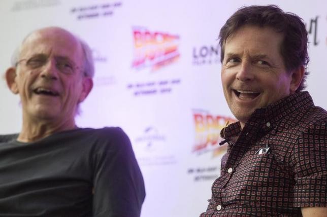 Michael J. Fox and Christopher Lloyd attend a media conference for the 30th anniversary of their film ''Back to the Future'' at the London Film and Comic-Con in London, Britain July 17, 2015.