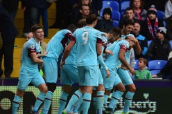 West Ham players celebrate Dimitri Payet's goal against Crystal Palace.