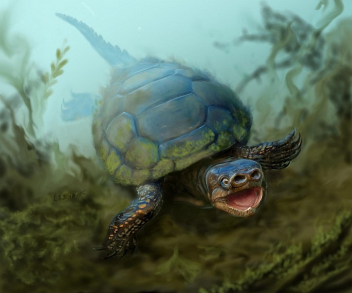 An artist’s interpretation of Arvinachelys goldeni, highlighting its unique snout and semi-aquatic ecology