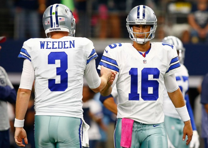 Dallas Cowboys quarterbacks Brandon Weeden (#3) and Matt Cassel (#16).