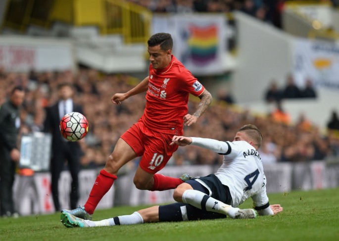 Liverpool winger Philippe Coutinho works against Tottenham defender Toby Alderweireld.
