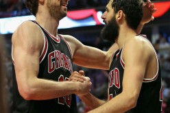 Chicago Bulls' Spanish frontcourt connection of Pau Gasol (L) and Nikola Mirotic.