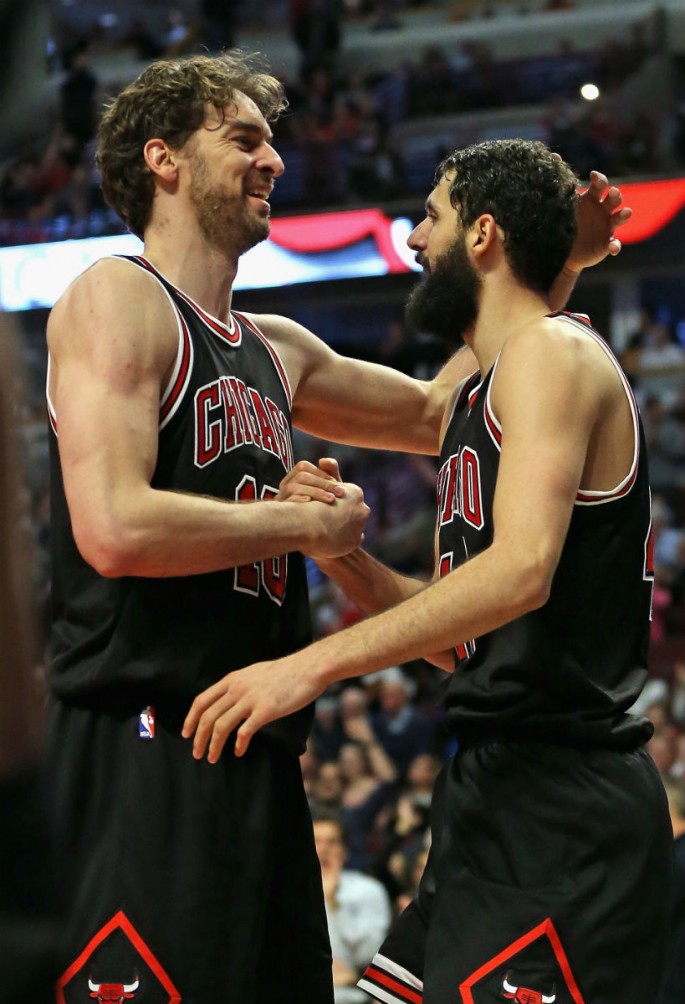 Chicago Bulls' Spanish frontcourt connection of Pau Gasol (L) and Nikola Mirotic.