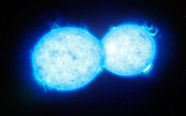 This artist’s impression shows VFTS 352 — the hottest and most massive double star system to date where the two components are in contact and sharing material.
