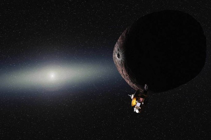 Artist's impression of NASA's New Horizons spacecraft encountering a Pluto-like object in the distant Kuiper Belt.
