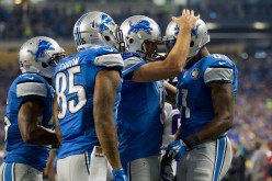 Detroit Lions wide receiver Calvin Johnson (#81) celebrates with teammates after scoring a touchdown against the Minnesota Vikings.