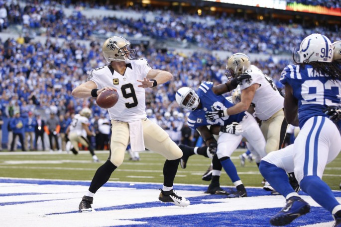 New Orleans quarterback Drew Brees (#9) looks to pass the ball against the Indianapolis Colts.