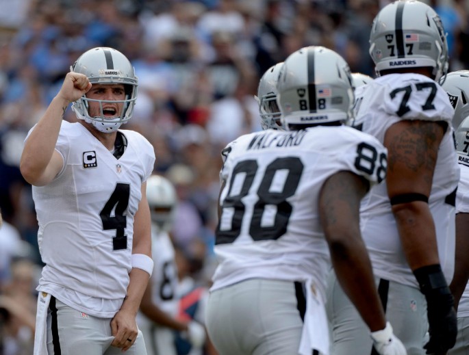 Oakland Raiders quarterback Derek Carr (#4) calls out a play against the San Diego Chargers.