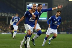 Everton midfielder Leon Osman celebrates a goal with teammate Ramiro Funes Mori.