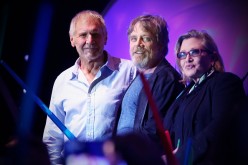 This image was processed using digital filters.) (L-R) Actors Harrison Ford, Mark Hamill, Carrie Fisher and more than 6000 fans enjoyed a surprise 'Star Wars' Fan Concert performed by the San Diego Symphony