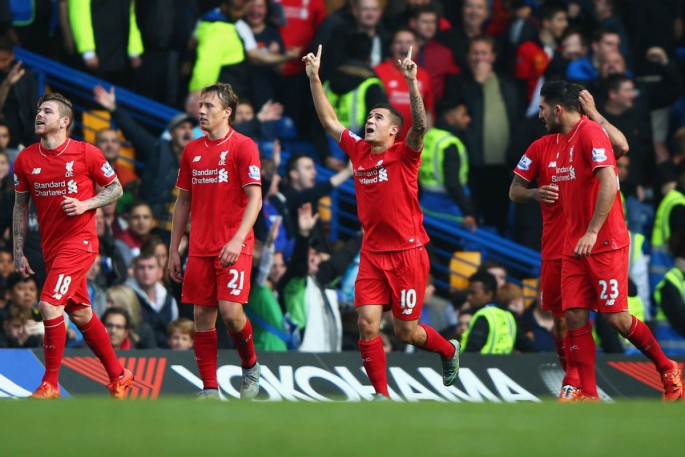 Liverpool winger Philippe Coutinho (#10) celebrates scoring his team's second goal against Chelsea.