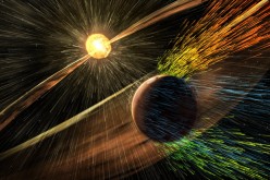 Artist's rendering of a solar storm hitting Mars and stripping ions from the planet's upper atmosphere.