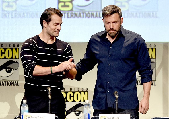 Actors Henry Cavill (L) and Ben Affleck from 'Batman v. Superman: Dawn of Justice' attend the Warner Bros. presentation during Comic-Con International 2015 at the San Diego Convention Center on July 11, 2015 in San Diego, California.