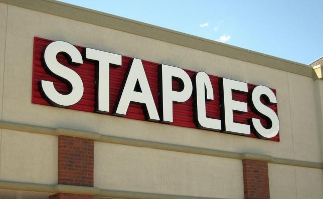 The sign outside of the Staples store is pictured in Broomfield, Colorado August 17.