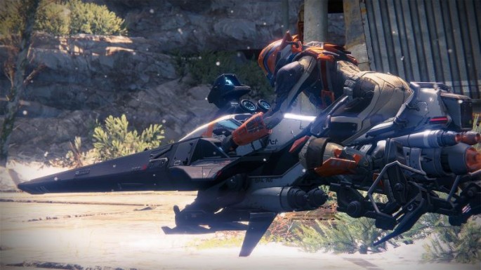A Guardian riding a Titan Sparrow in the hit video game from Activision and Bungie, "Destiny."