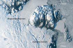 Satellite image taken Aug. 30, 2014, of Zachariæ Isstrøm and Nioghalvfjerdsfjorden, glaciers in northeast Greenland.